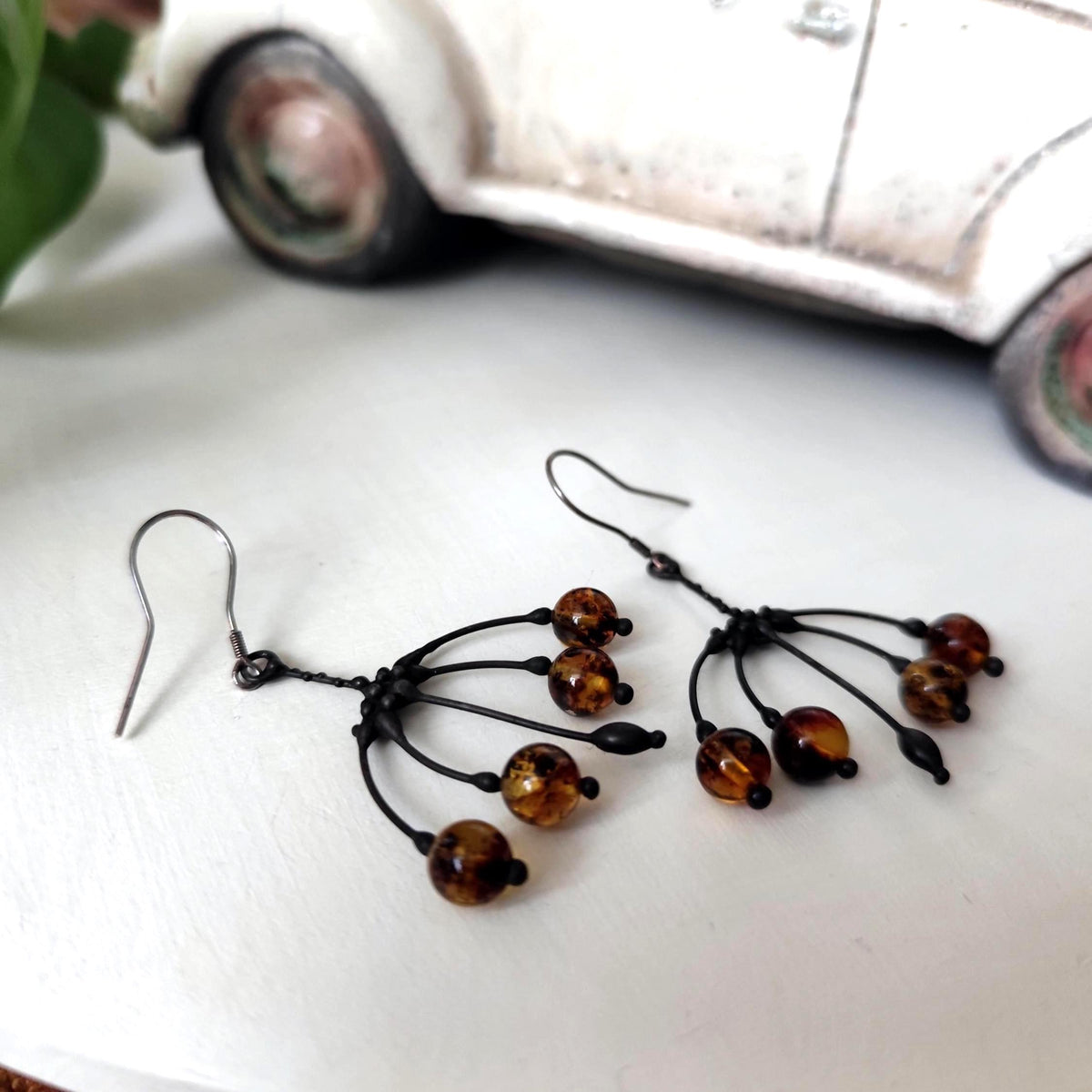 Amber Flower Earrings – Blackened Copper