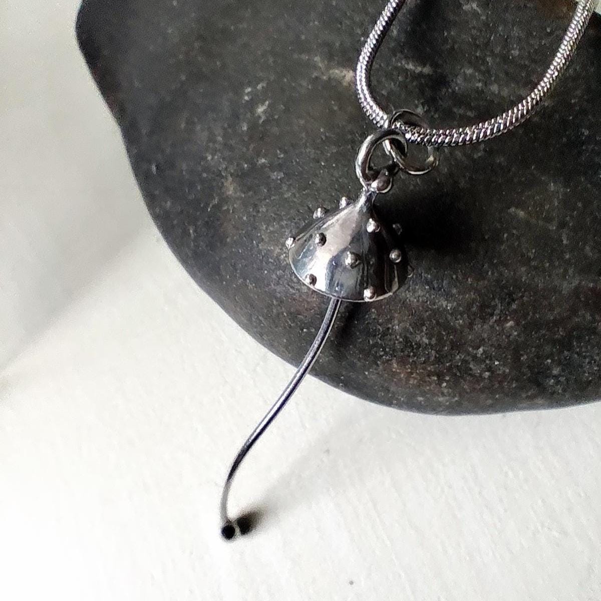 Silver Tone Amanita Mushroom Necklace – Copper & Pewter Toadstool Pendant – Mycology