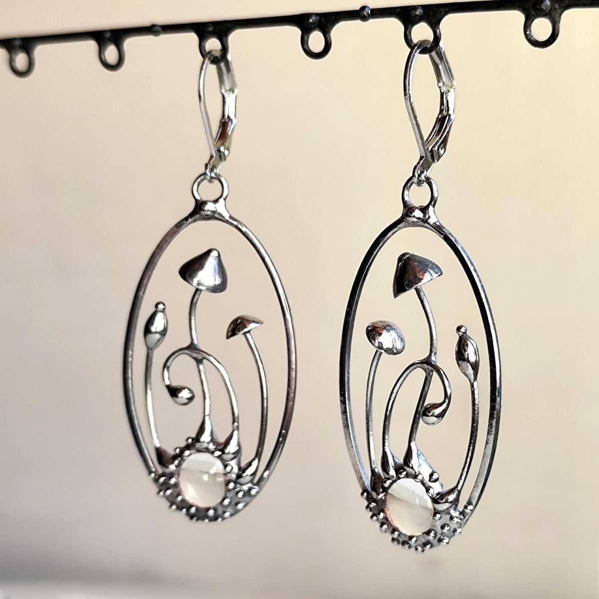 Glass Mushroom Oval Earrings – Silver Tone