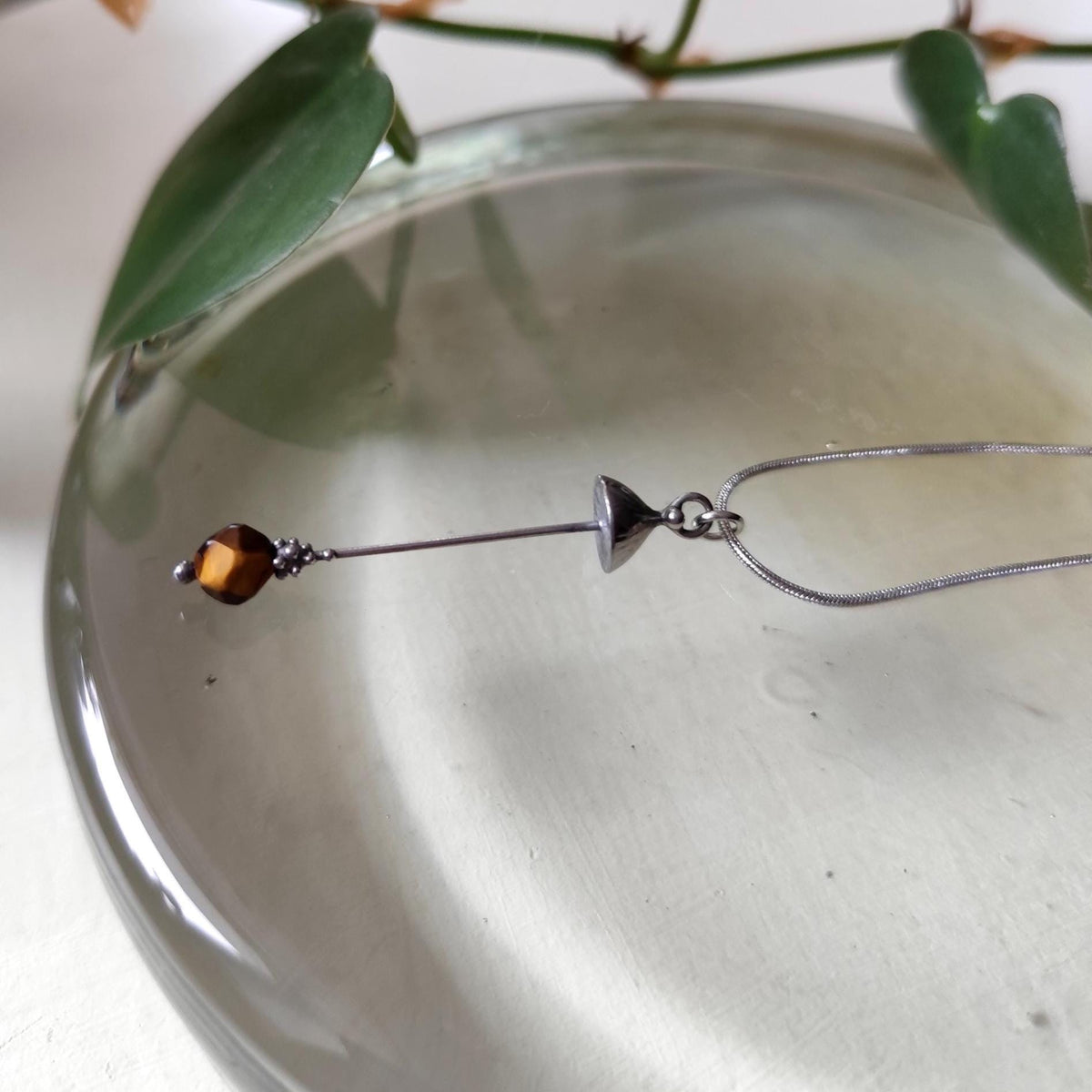 Tiger’s Eye Mushroom Pendant Necklace – Silver Tone