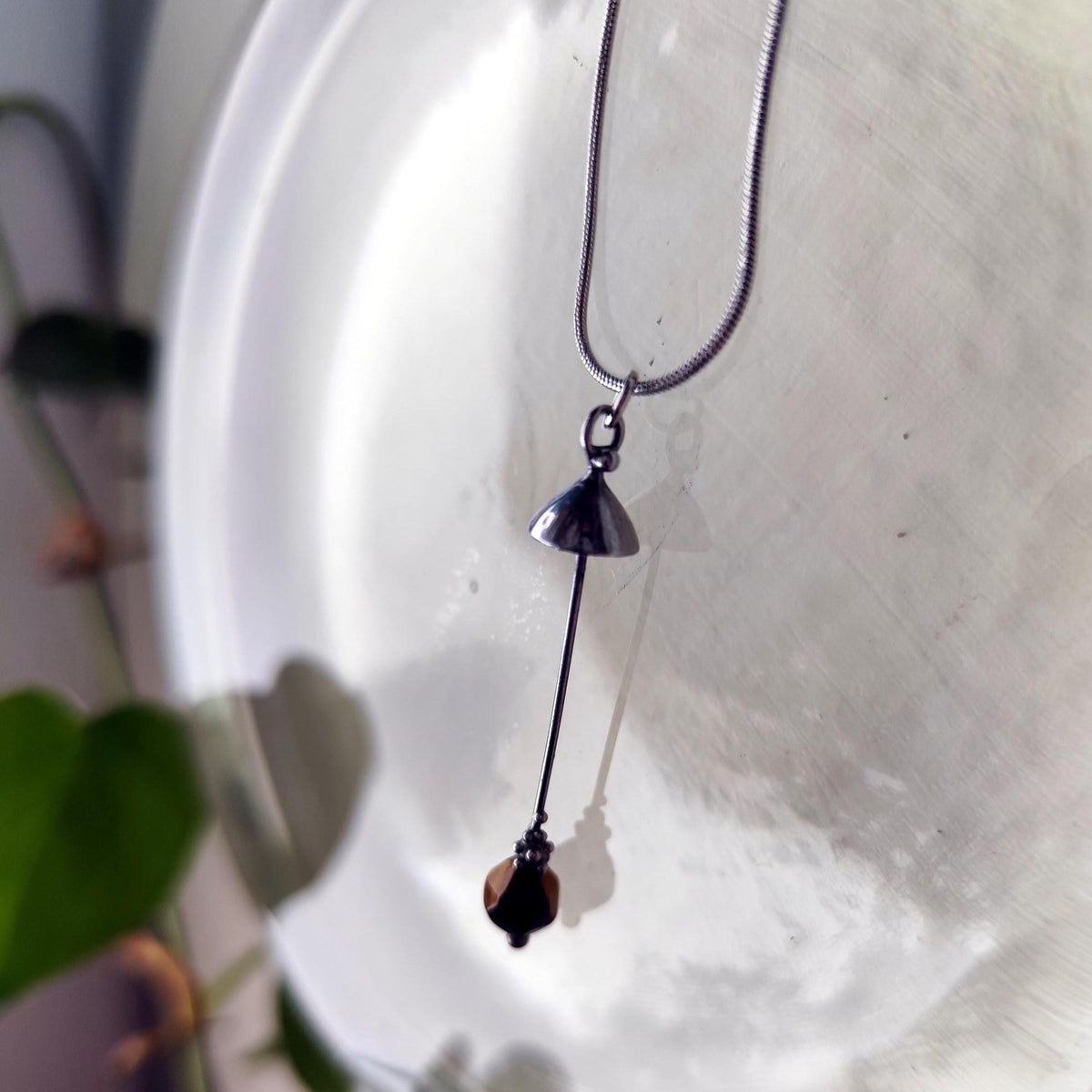 Tiger’s Eye Mushroom Pendant Necklace – Silver Tone