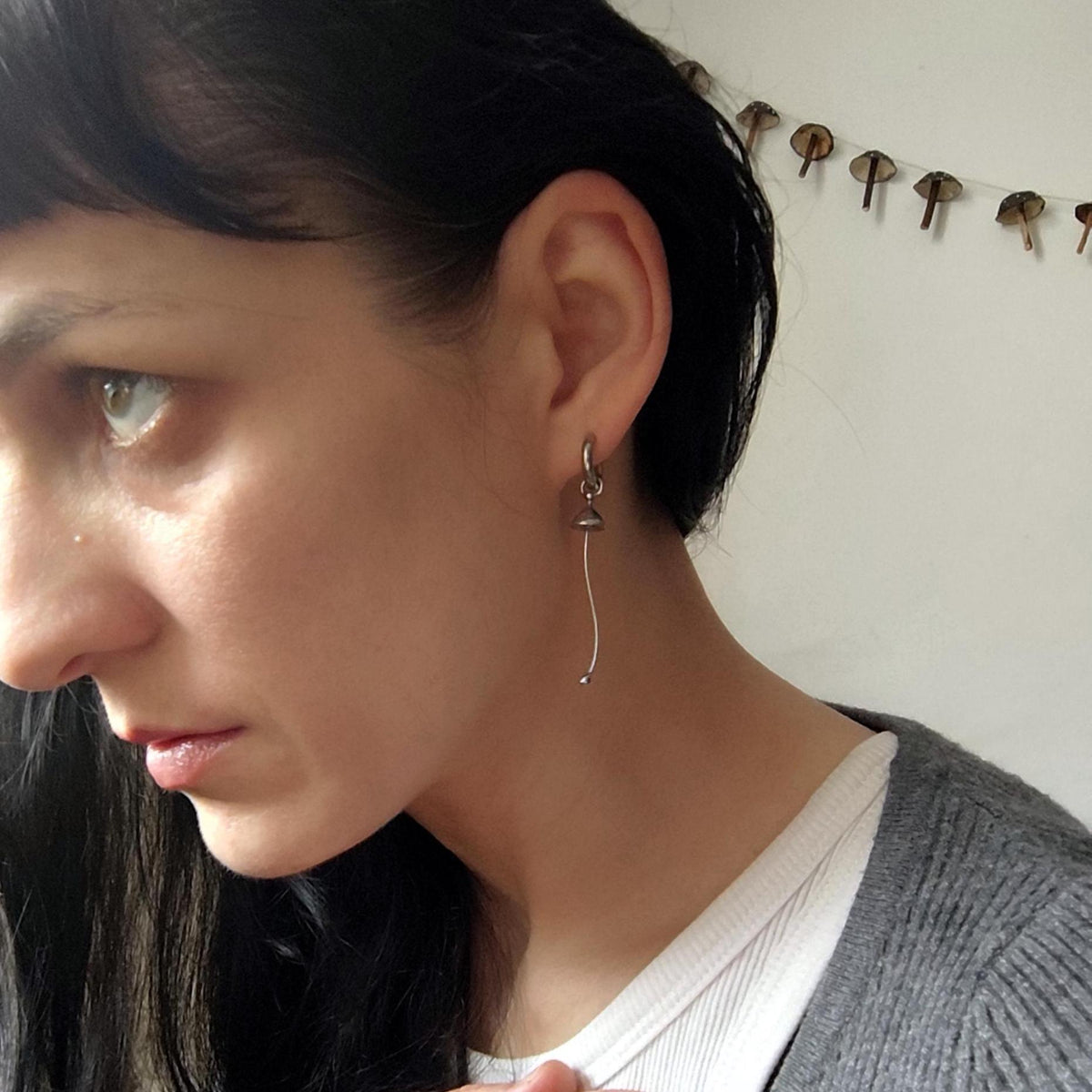 Silver Tone Mushroom Single Earring – Copper & Pewter Mycology