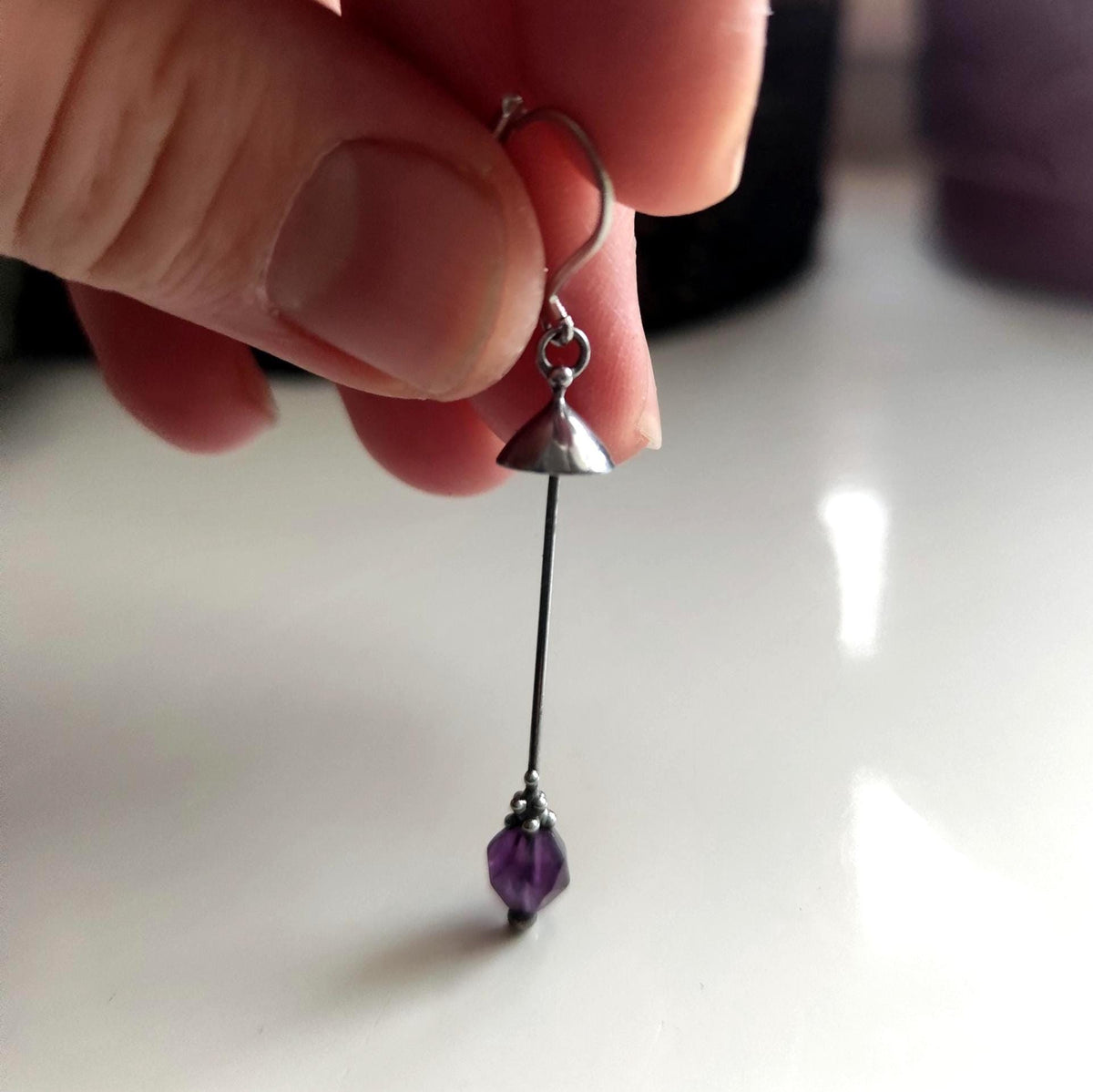 Amethyst Mushroom Single Earring – Silver Tone