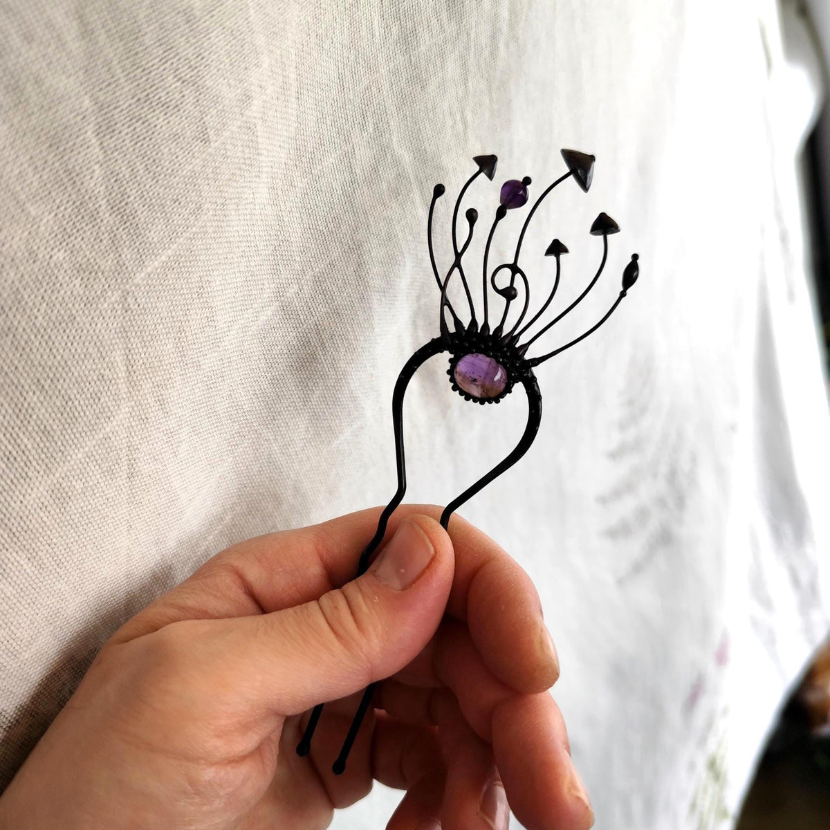 Amethyst Mushroom Hair Fork – Blackened Copper