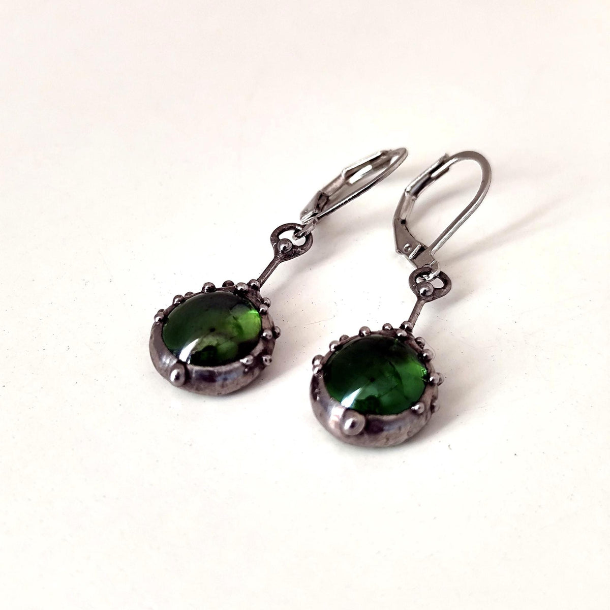 Green Stained Glass Drop Earrings – Silver Tone