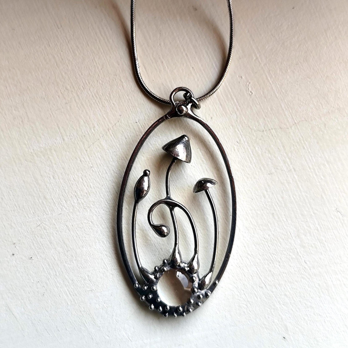 Clear Glass Mushroom Pendant Necklace – Blackened Copper