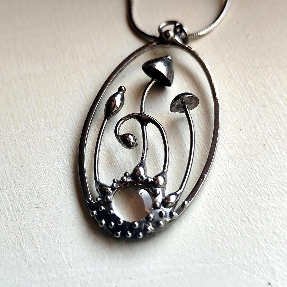 Clear Glass Mushroom Pendant Necklace – Blackened Copper