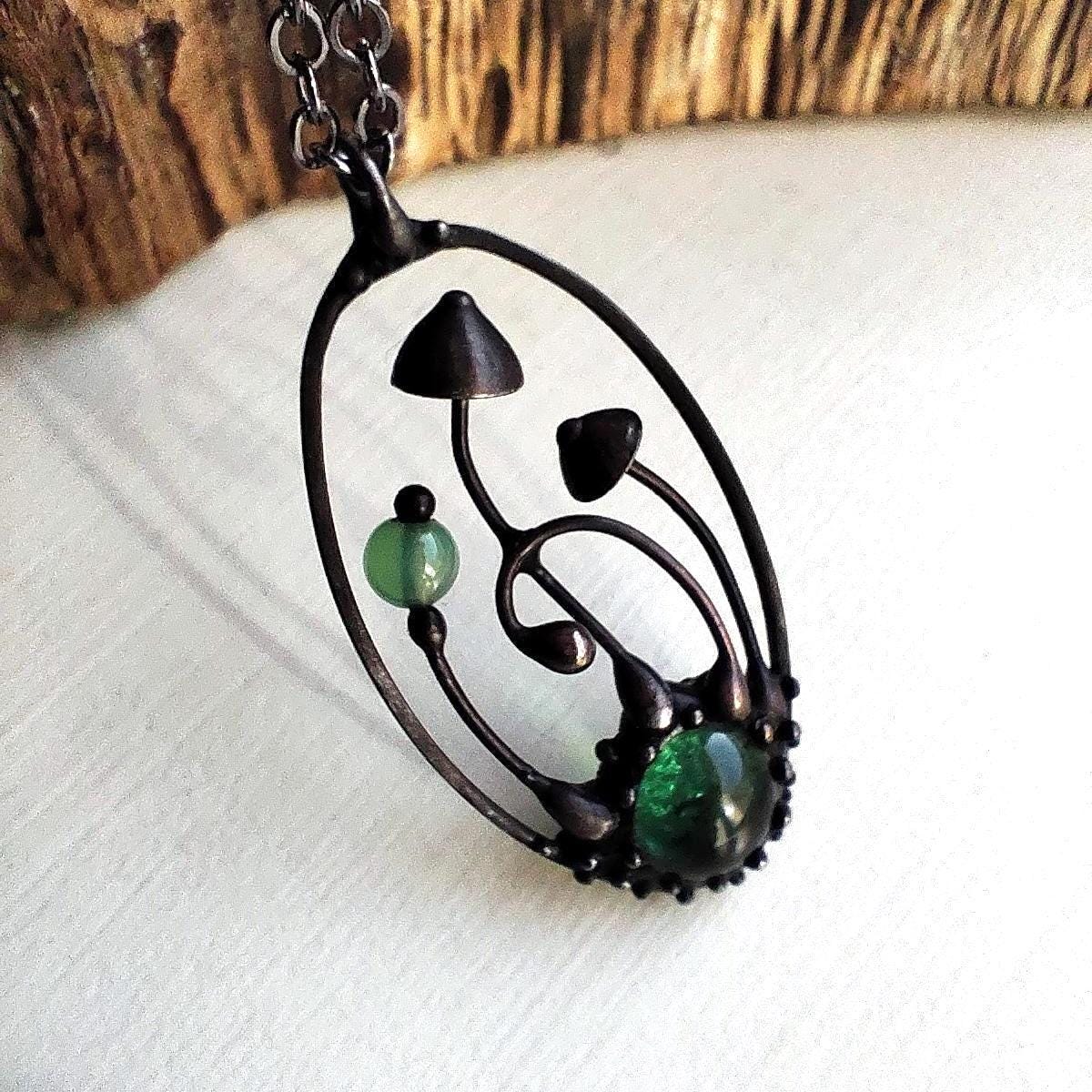 Green Glass Mushroom Forest Pendant – Blackened Copper