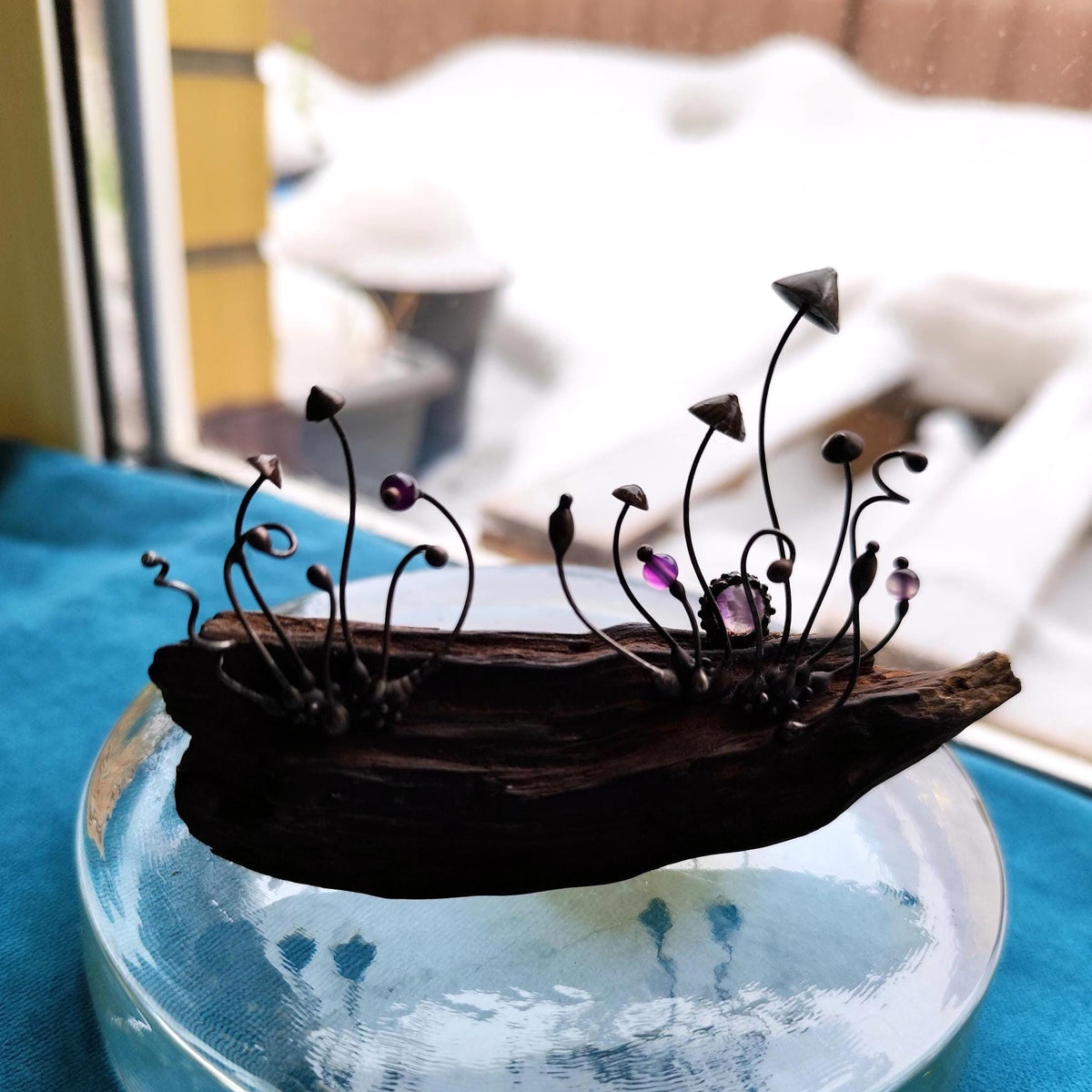 Amethyst Mushroom Forest Sculpture – Blackened Copper