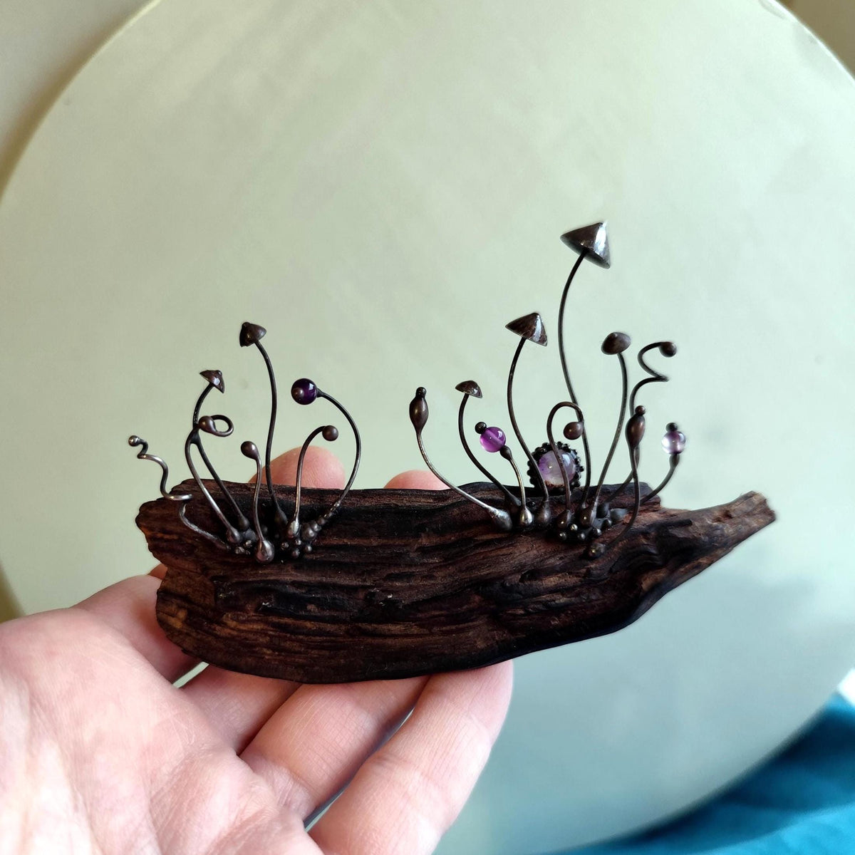 Amethyst Mushroom Forest Sculpture – Blackened Copper