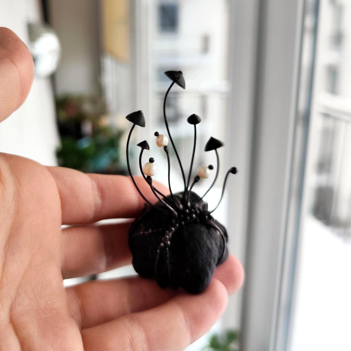 White Pearl Mushroom Sculpture on Baltic Sea Stone – Blackened Copper
