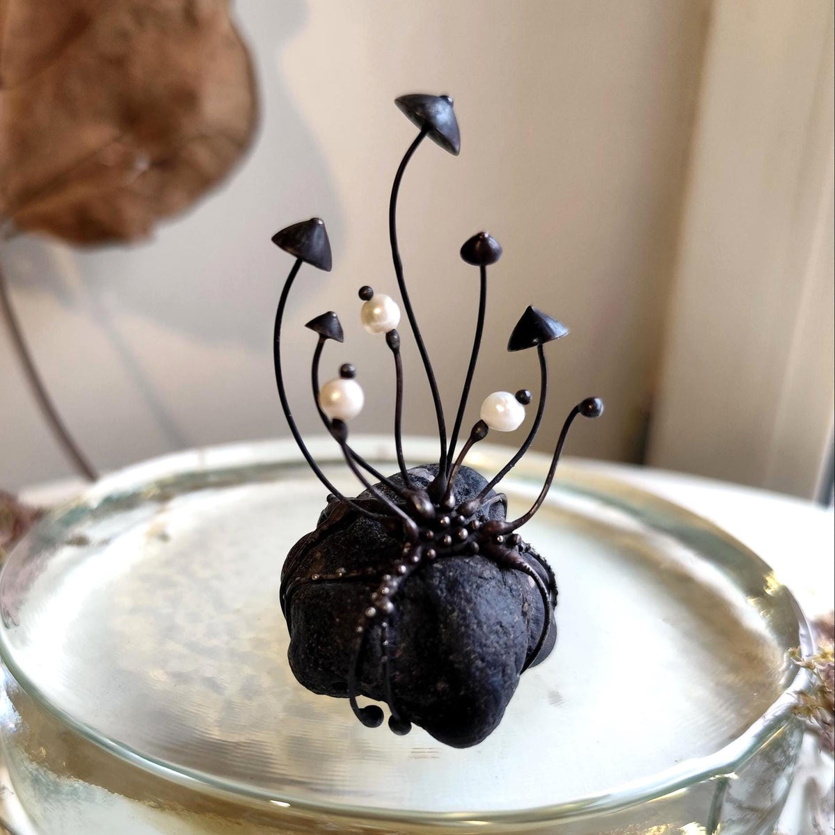 White Pearl Mushroom Sculpture on Baltic Sea Stone – Blackened Copper