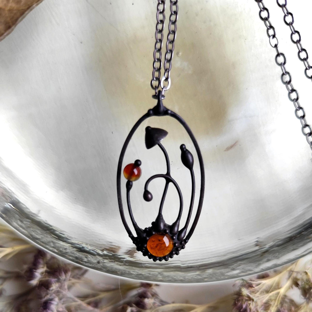 Brown Agate Mushroom Pendant Necklace – Blackened Copper