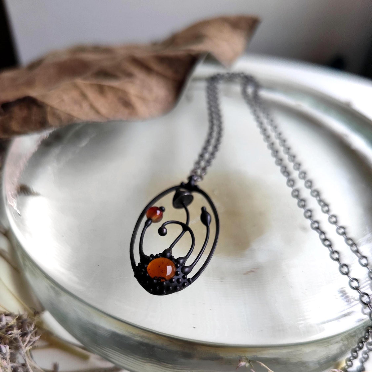 Brown Agate Mushroom Pendant Necklace – Blackened Copper