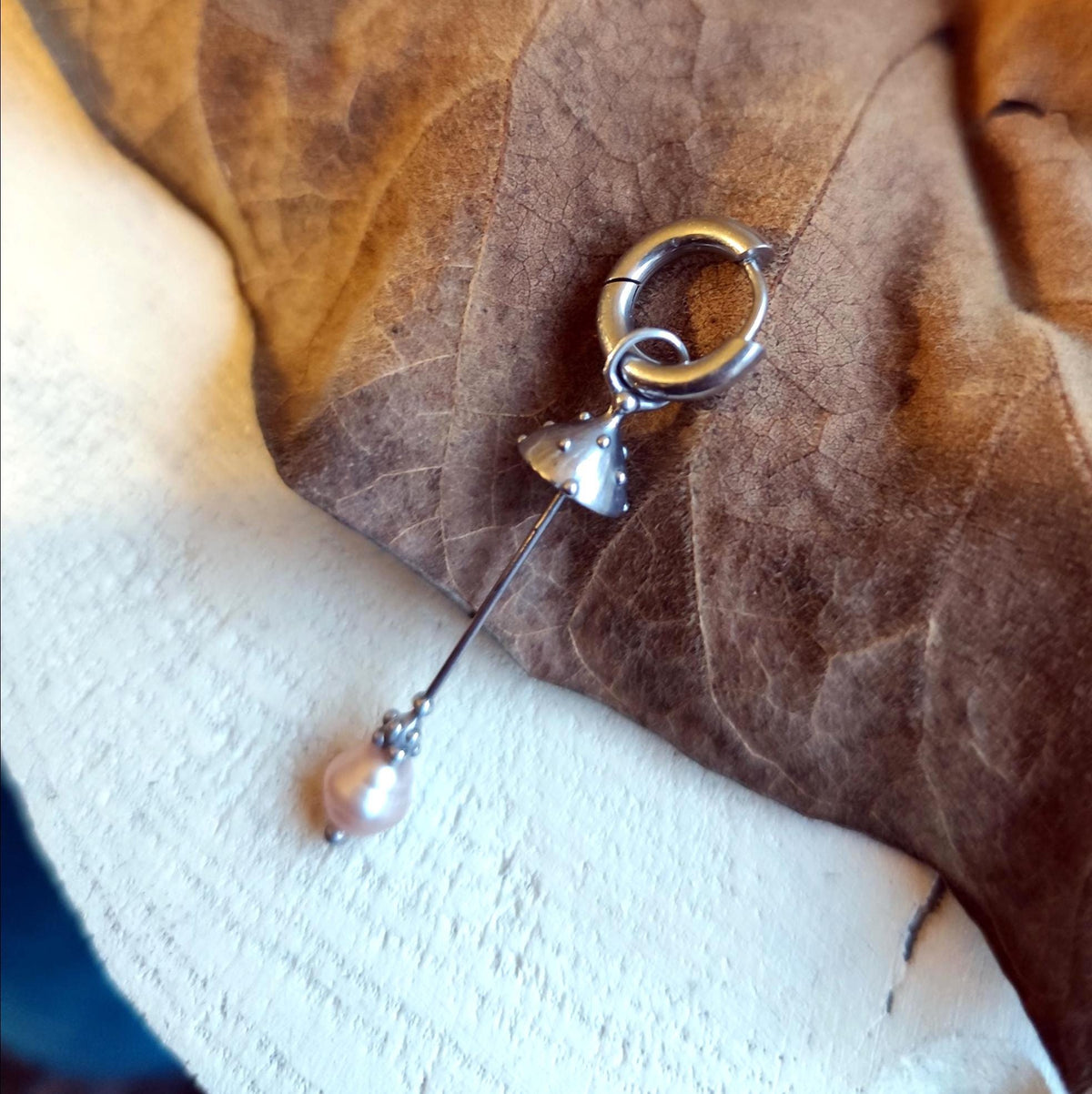 White Pearl Amanita Mushroom Single Earring – Silver Tone
