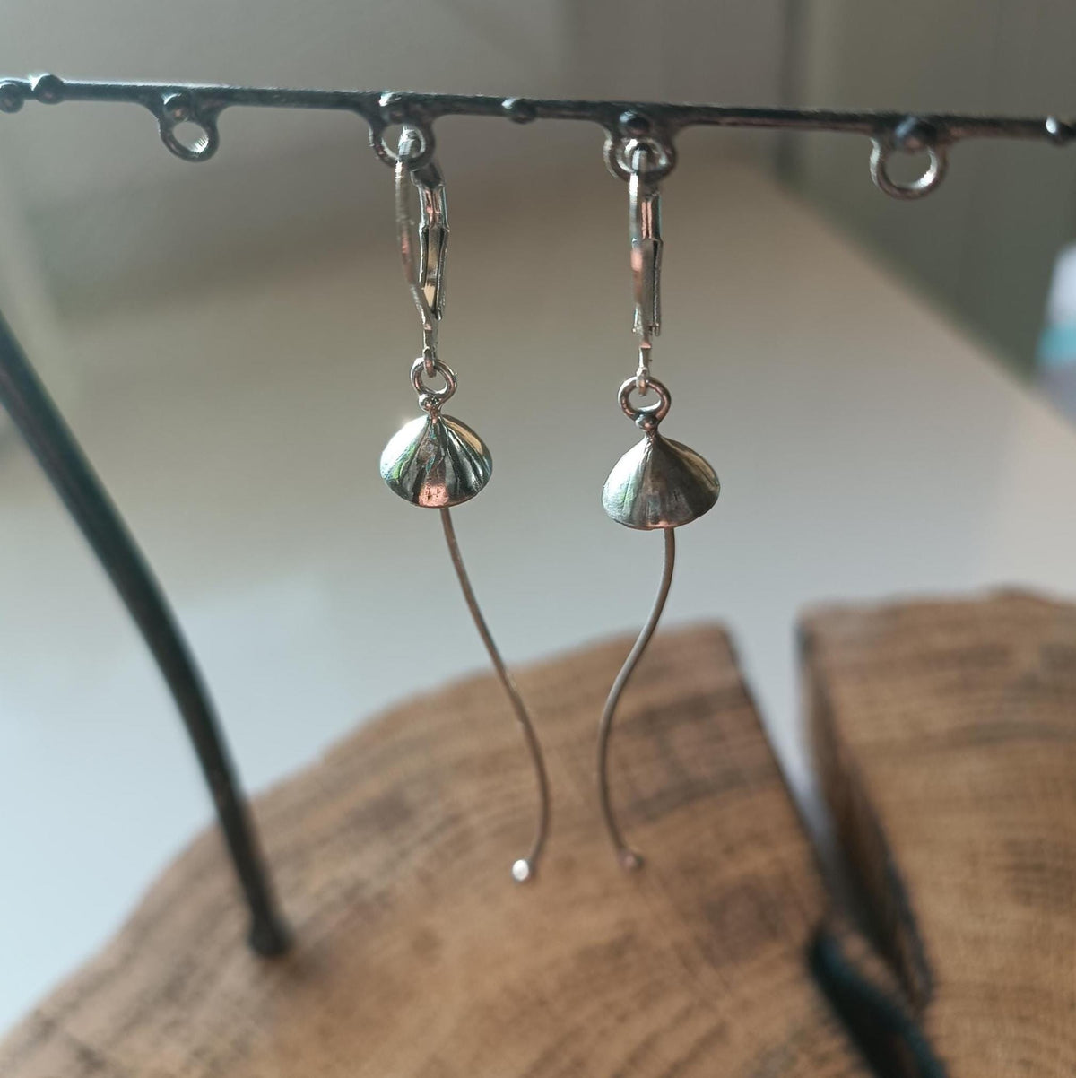 Silver Tone Long Stem Mushroom Earrings