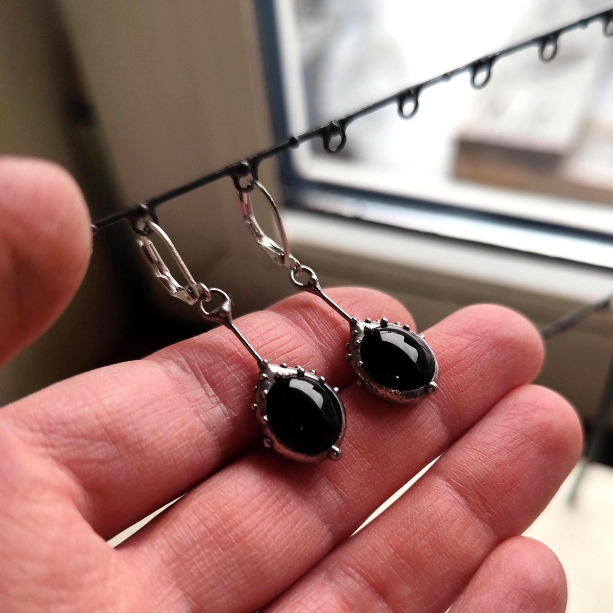 Black Glass Drop Earrings – Silver Tone