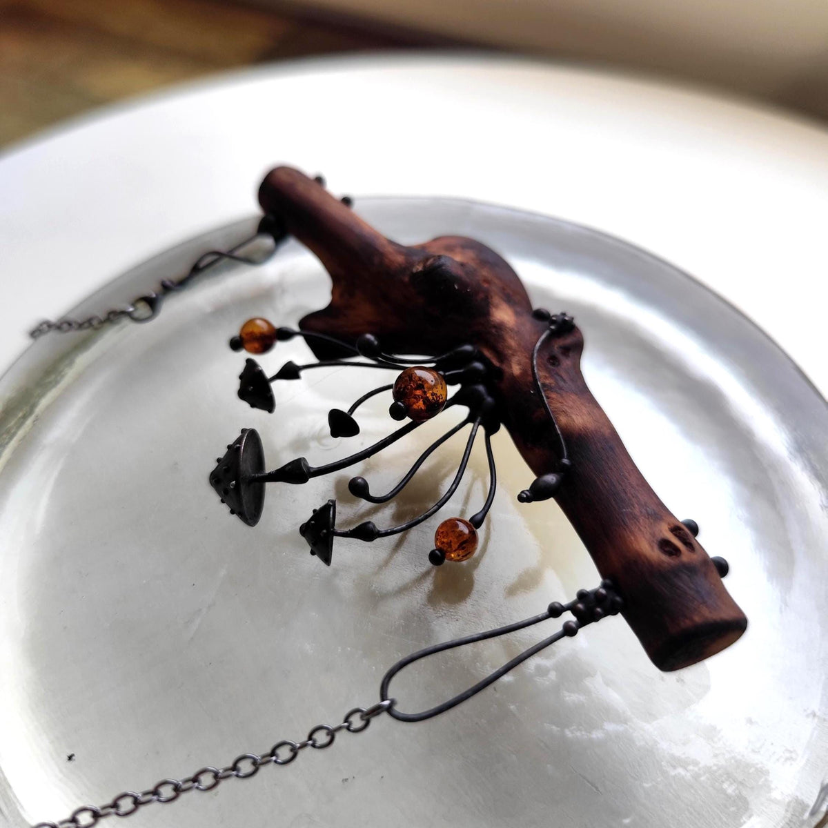 Woodland Mushroom Branch Necklace with Amber – Blackened Copper