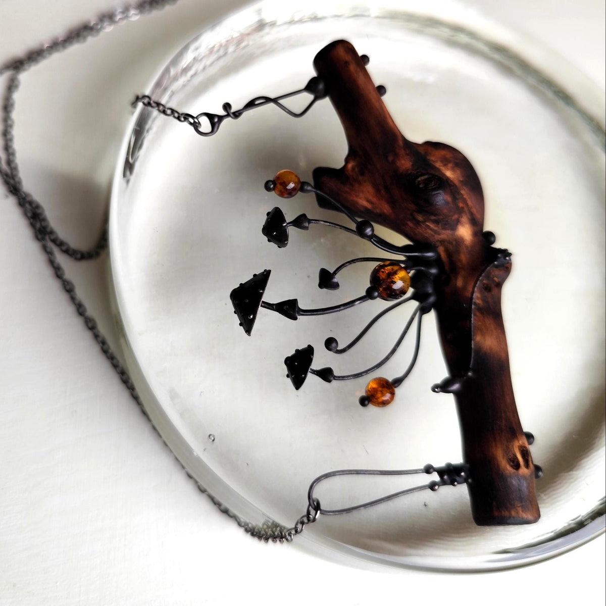 Woodland Mushroom Branch Necklace with Amber – Blackened Copper
