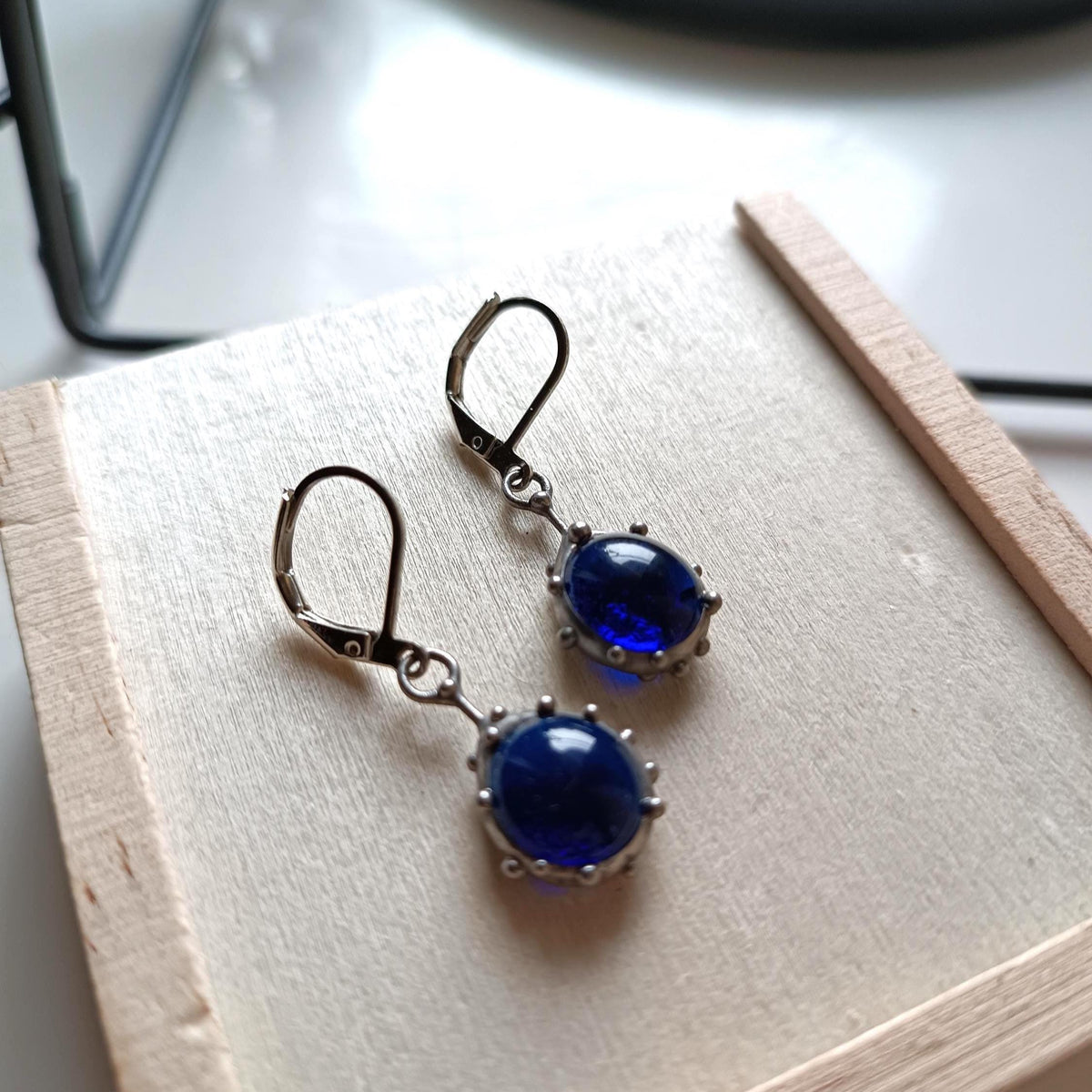 Round Blue Stained Glass Drop Earrings – Silver Tone