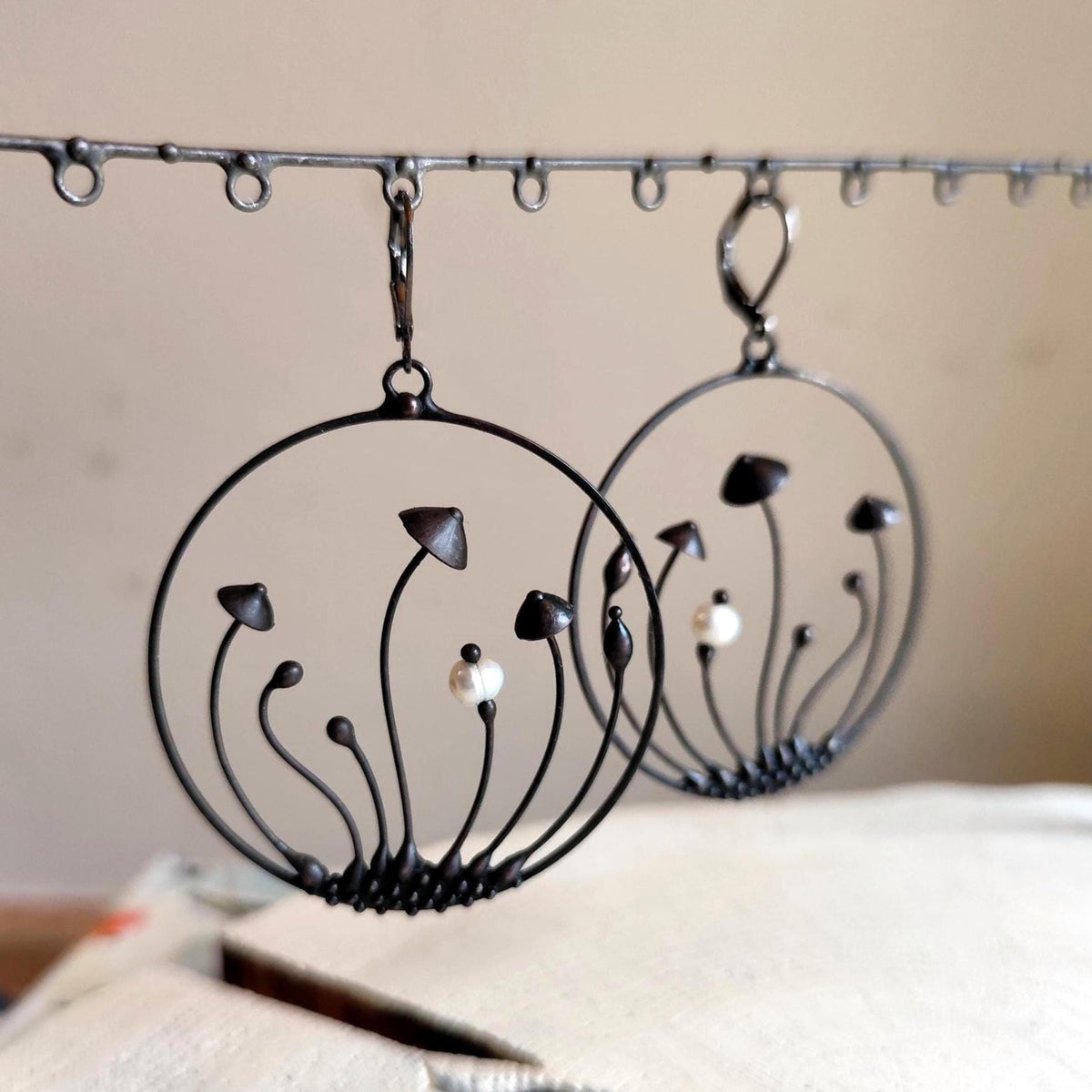 Pearl Mushroom Hoop Earrings – Blackened Copper Round Forest Dangles – Botanical