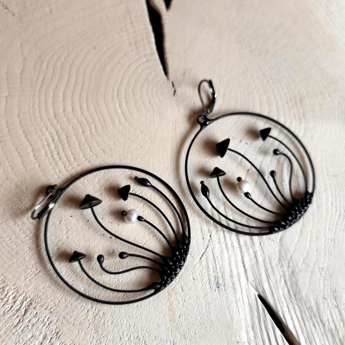 Pearl Mushroom Hoop Earrings – Blackened Copper Round Forest Dangles – Botanical