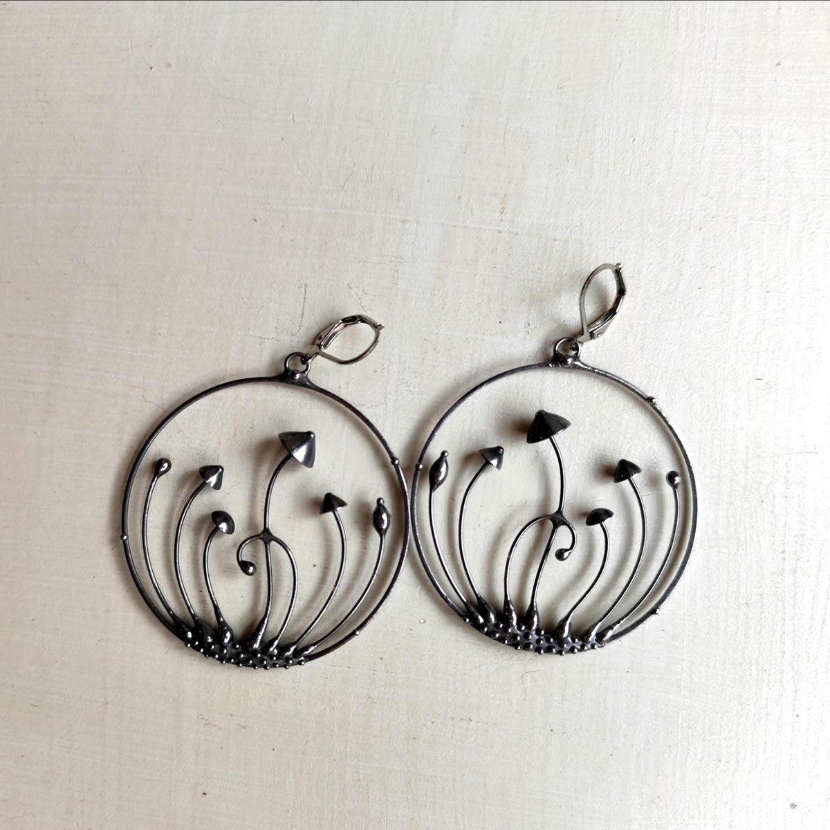 Silver Tone Mushroom Hoop Earrings