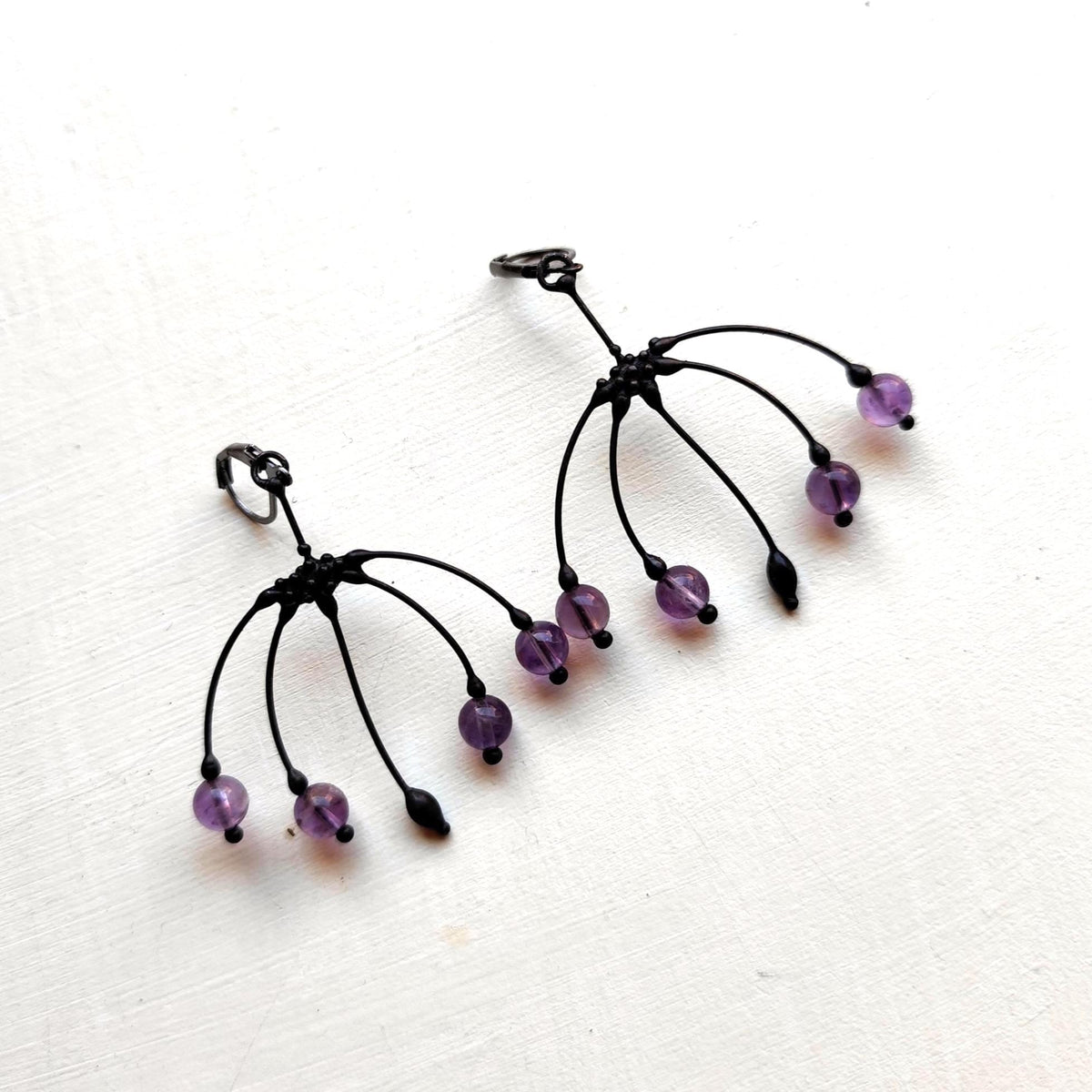 Purple Glass Botanical Earrings – Blackened Copper