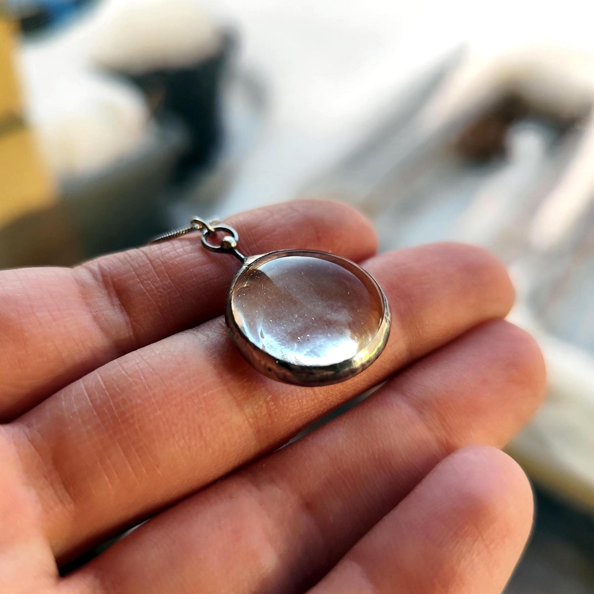 Clear Glass Round Pendant Necklace – Silver Tone