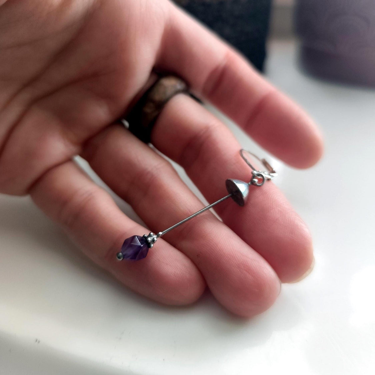 Amethyst Mushroom Single Earring – Silver Tone