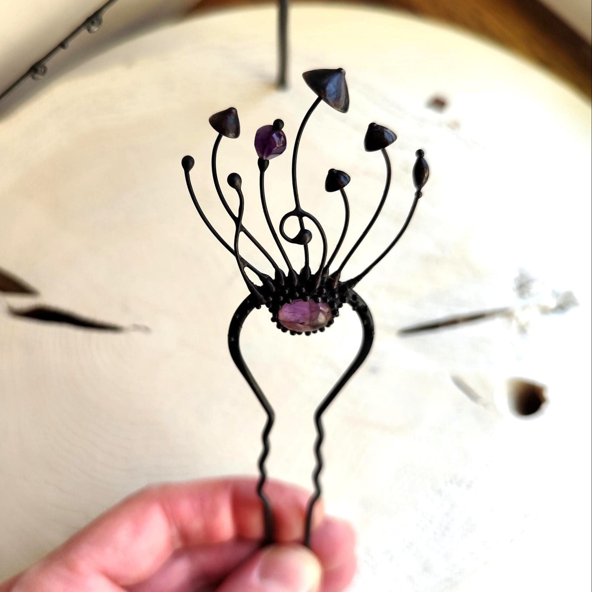 Amethyst Mushroom Hair Fork – Blackened Copper