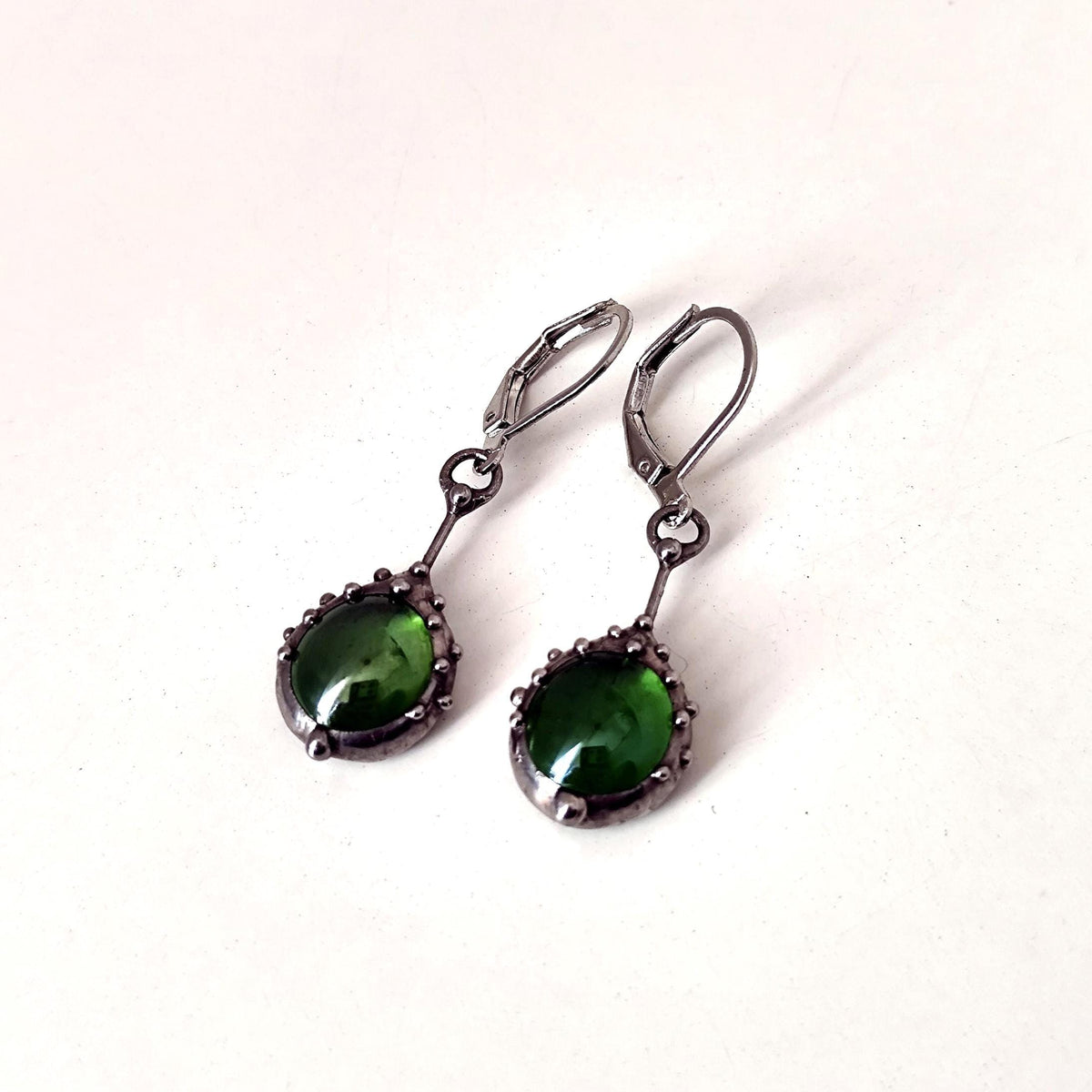 Green Stained Glass Drop Earrings – Silver Tone
