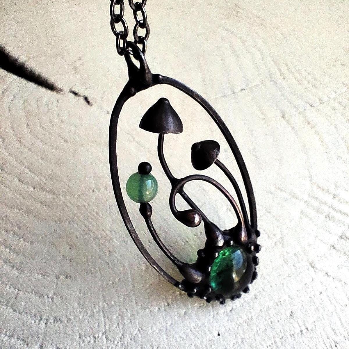 Green Glass Mushroom Forest Pendant – Blackened Copper