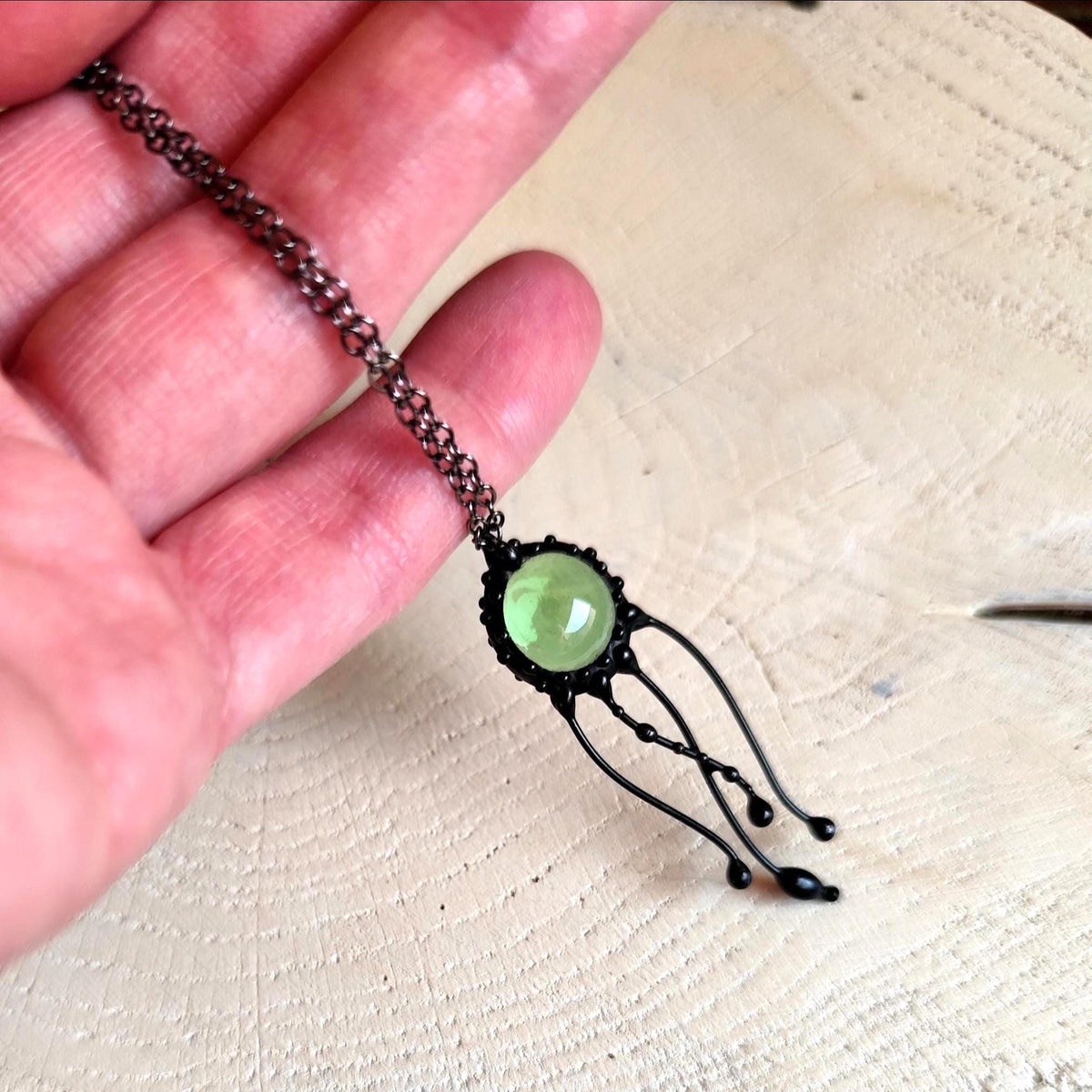 Green Glass Jellyfish Necklace – Copper & Pewter