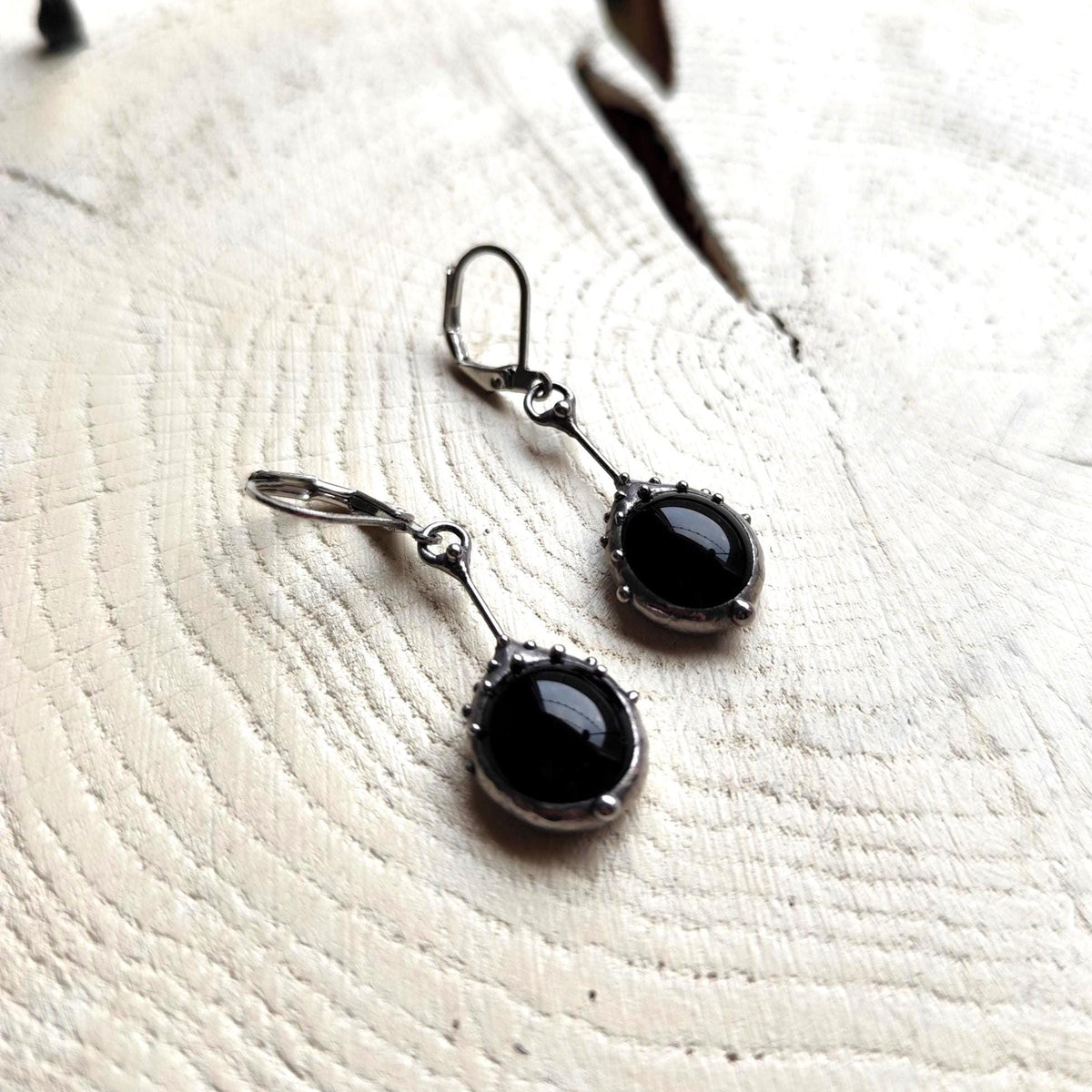 Black Glass Drop Earrings – Silver Tone