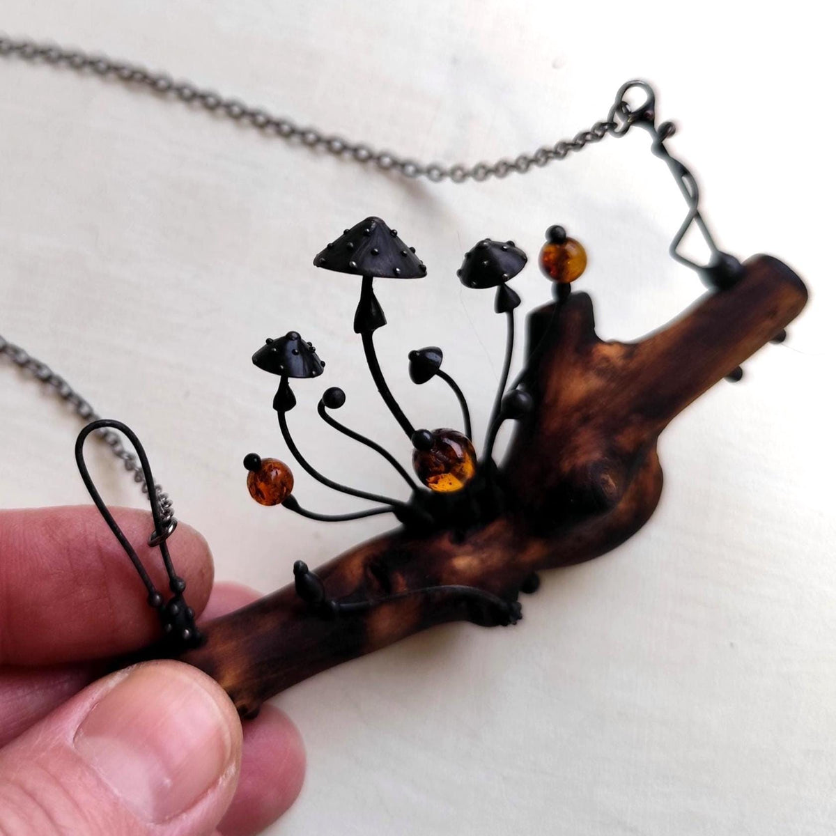 Woodland Mushroom Branch Necklace with Amber – Blackened Copper