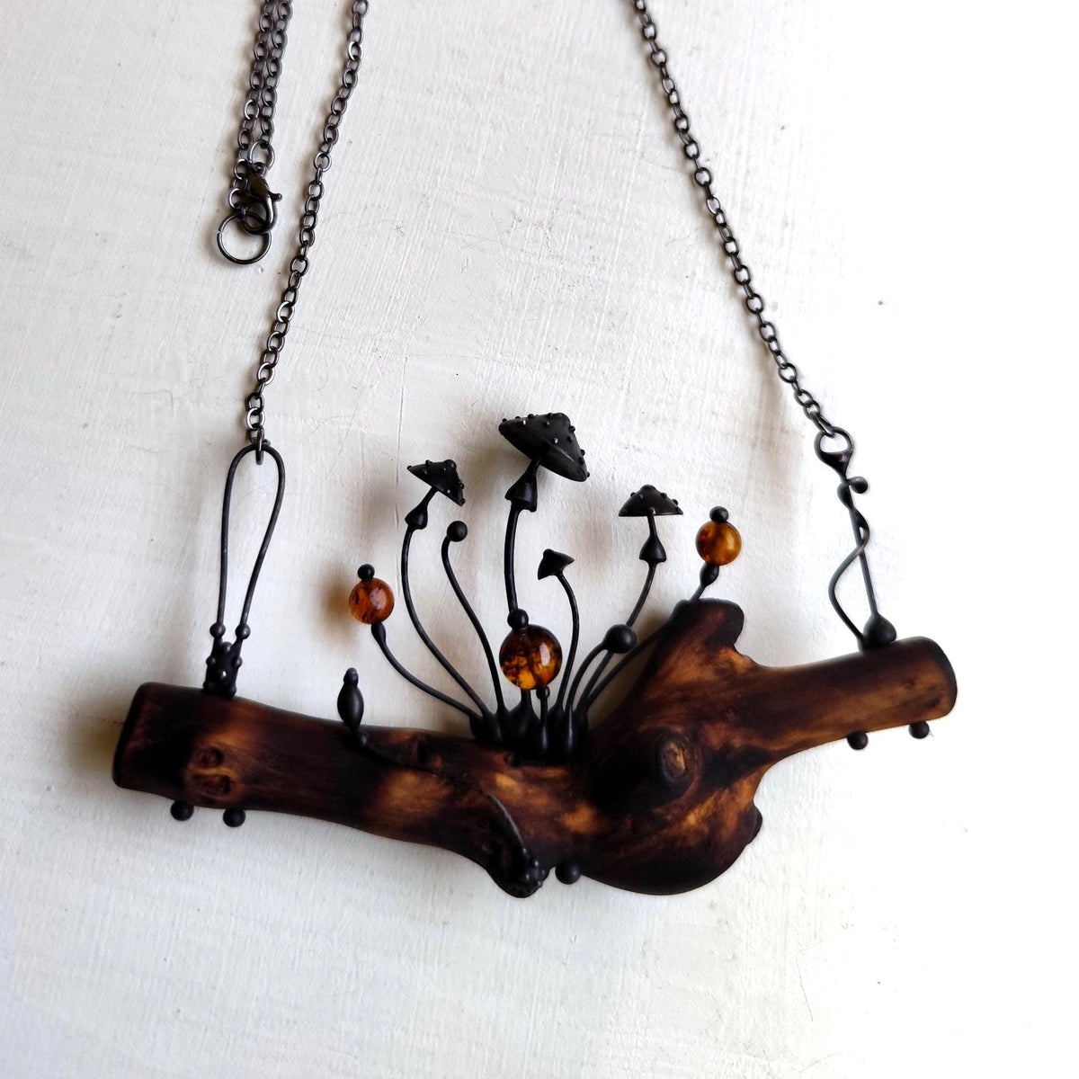 Woodland Mushroom Branch Necklace with Amber – Blackened Copper