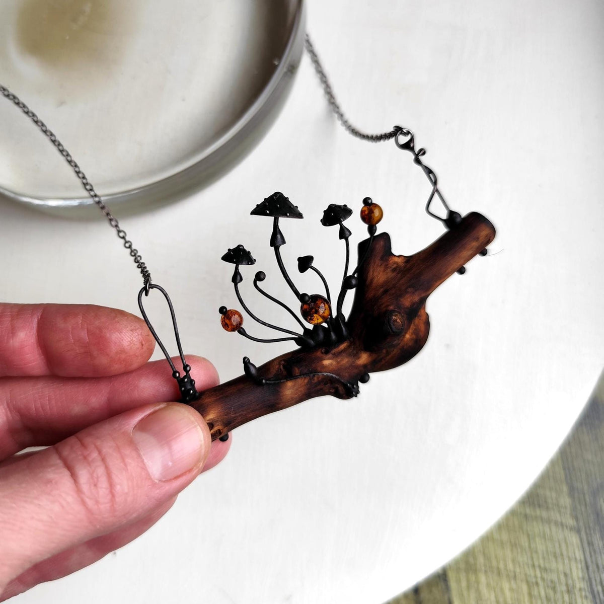Woodland Mushroom Branch Necklace with Amber – Blackened Copper