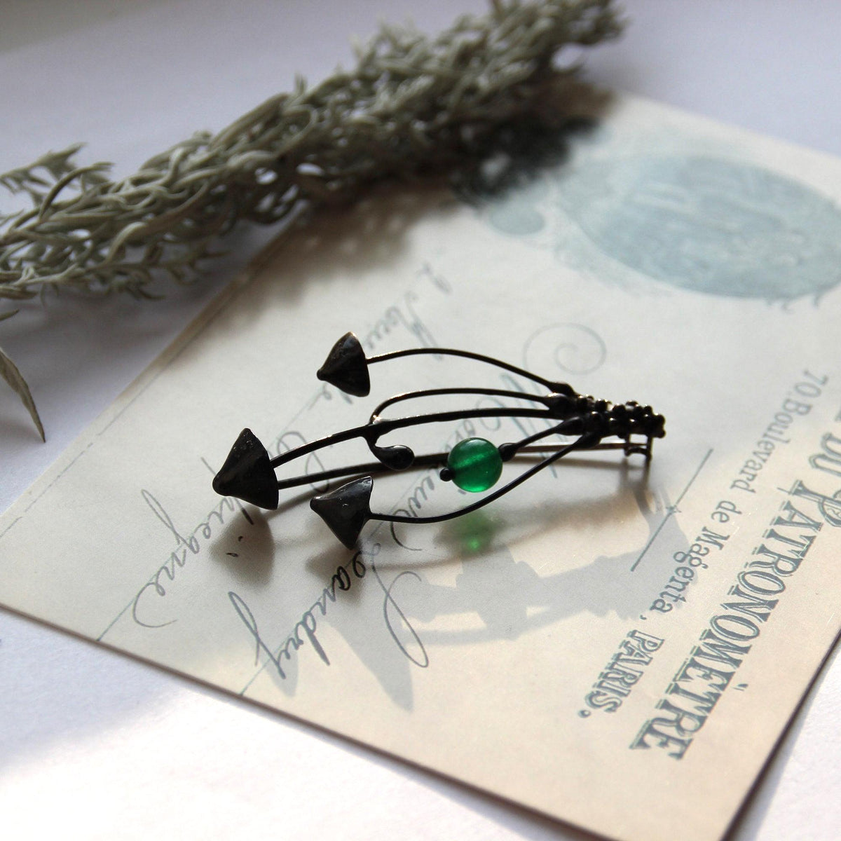 Green Glass Mushroom Brooch – Blackened Copper