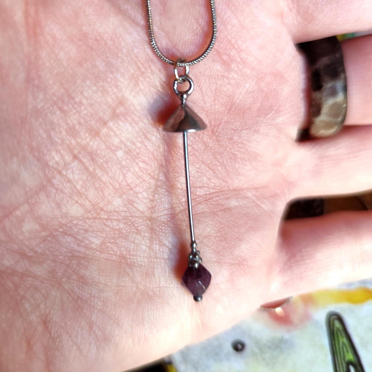 Amethyst Mushroom Pendant Necklace – Silver Tone