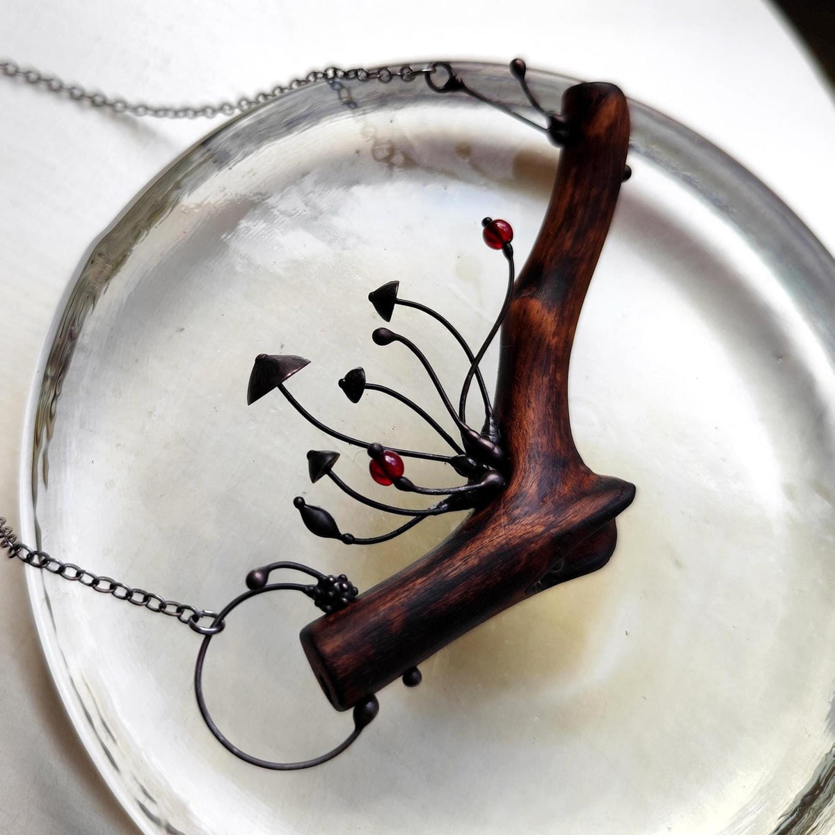 Wood Mushroom Necklace with Red Glass