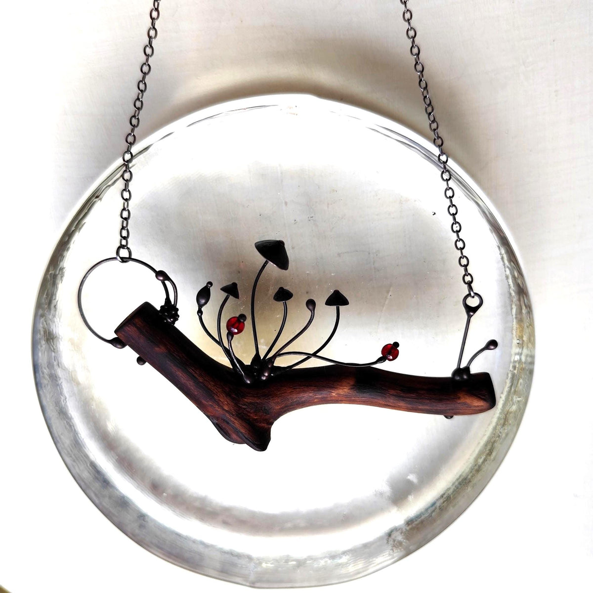 Wood Mushroom Necklace with Red Glass