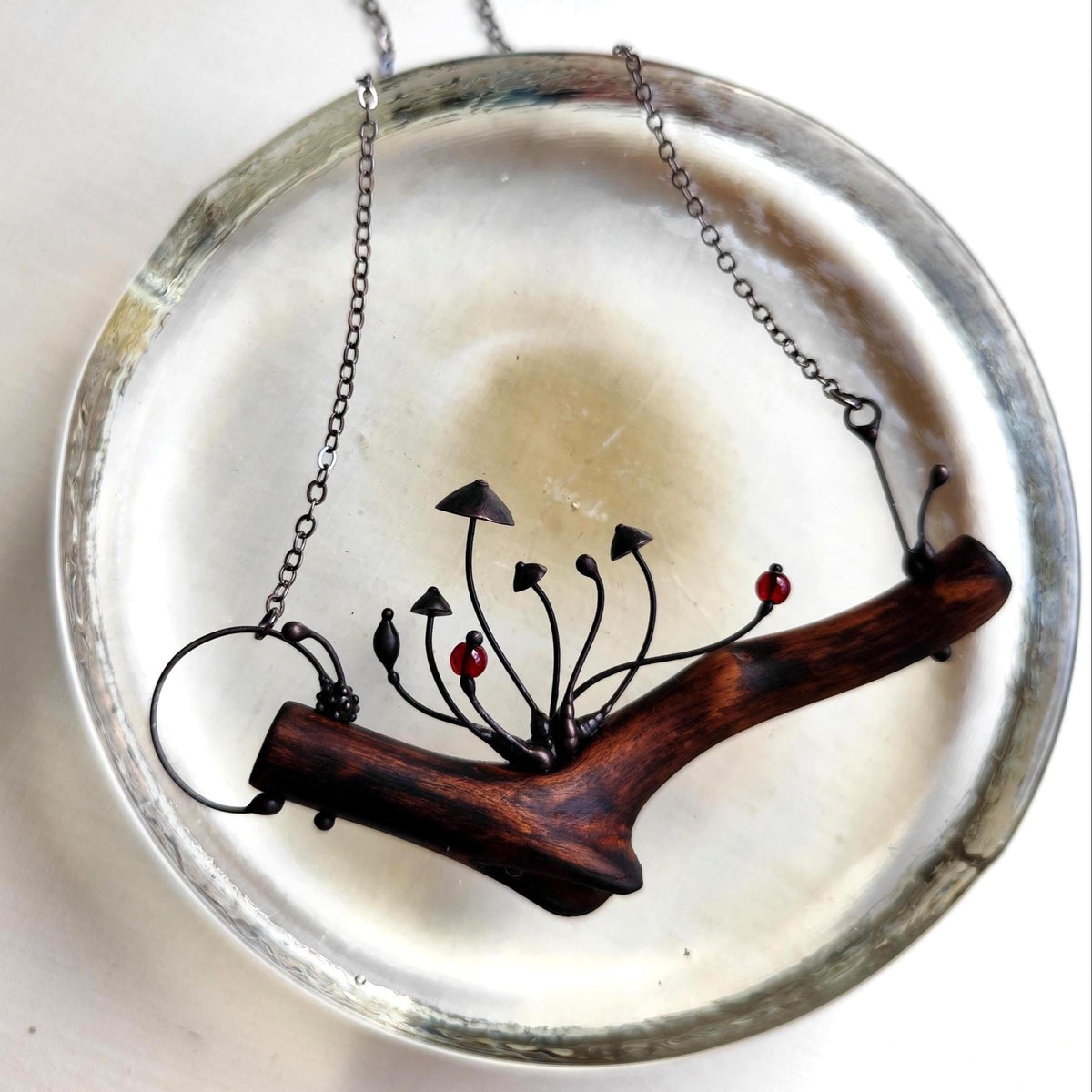 Wood Mushroom Necklace with Red Glass