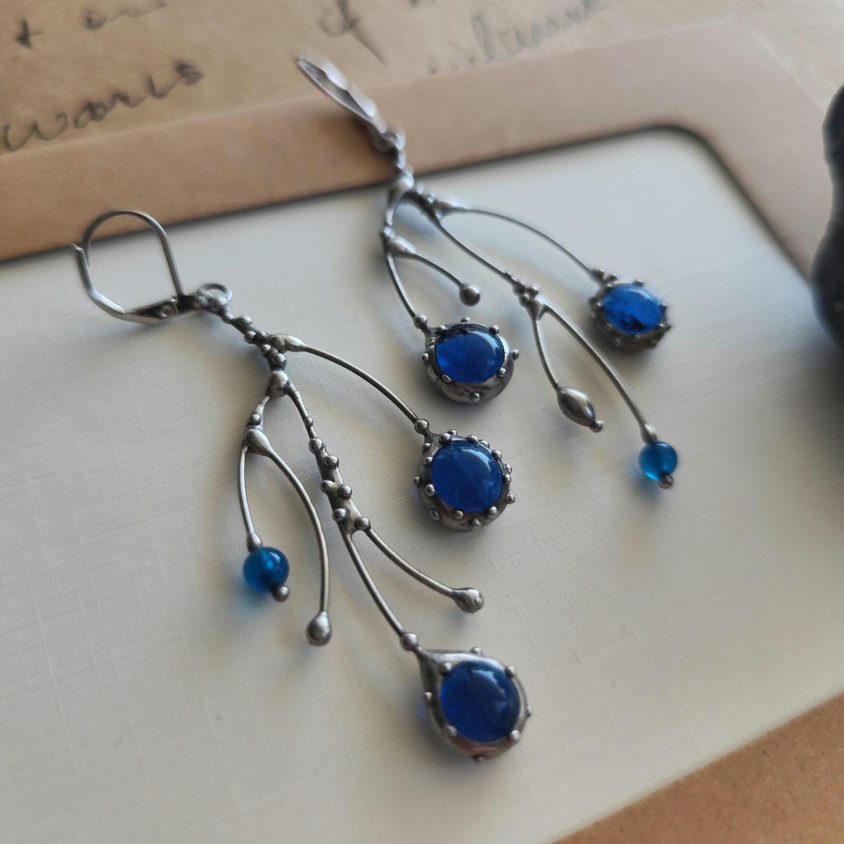Cobalt Blue Glass Branch Earrings – Silver Tone