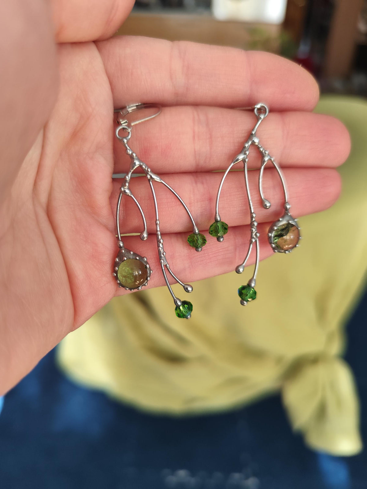 Green Glass Tree Branch Earrings – Silver Tone