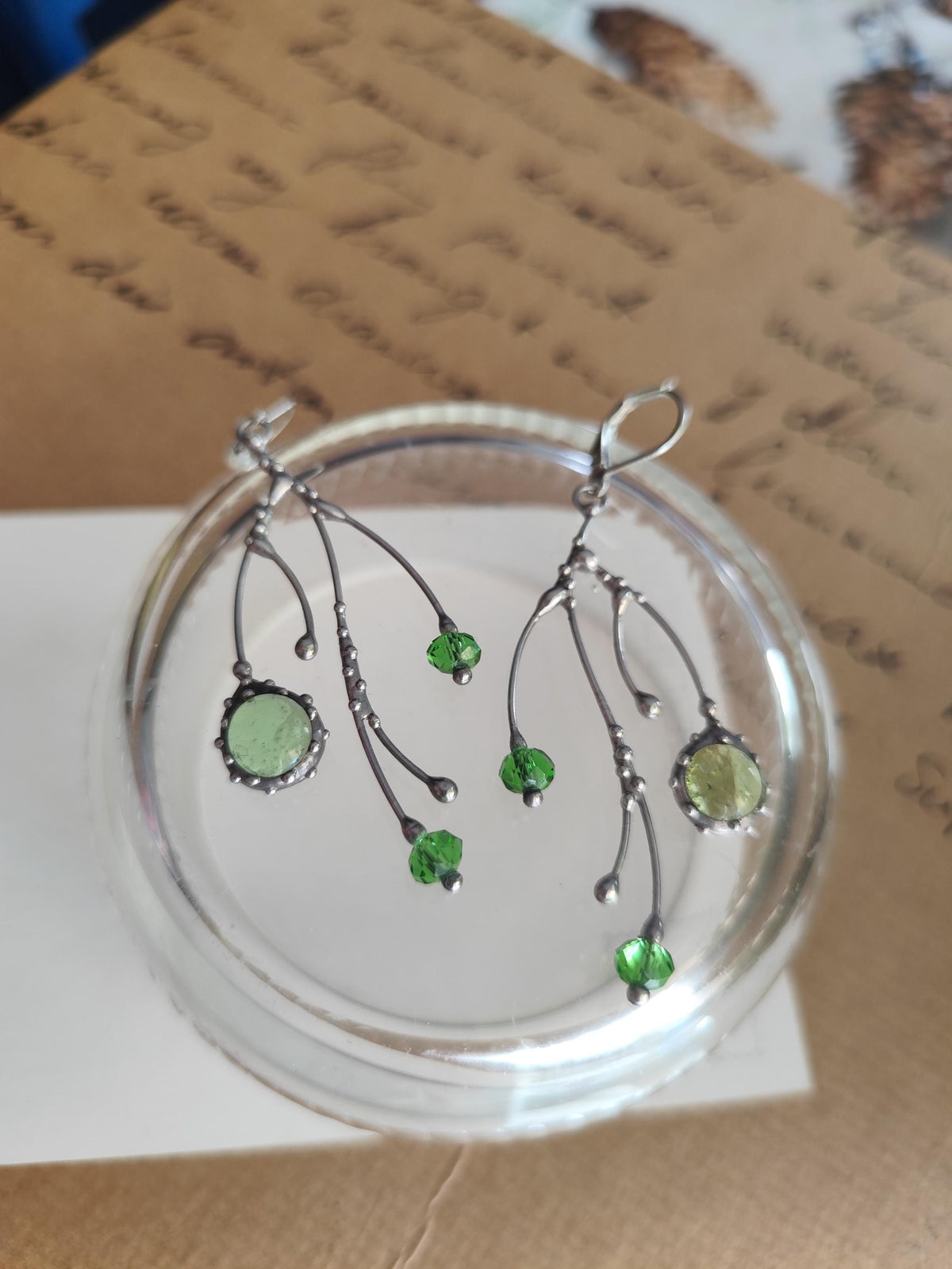 Green Glass Tree Branch Earrings – Silver Tone