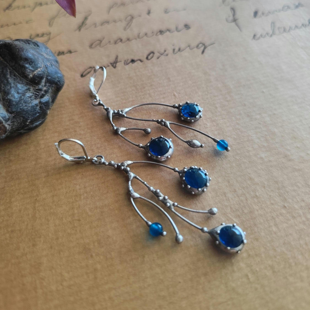 Cobalt Blue Glass Branch Earrings – Silver Tone