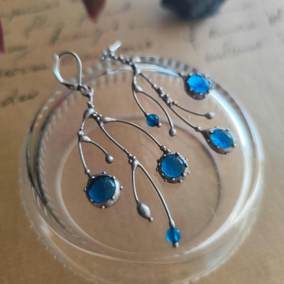 Cobalt Blue Glass Branch Earrings – Silver Tone