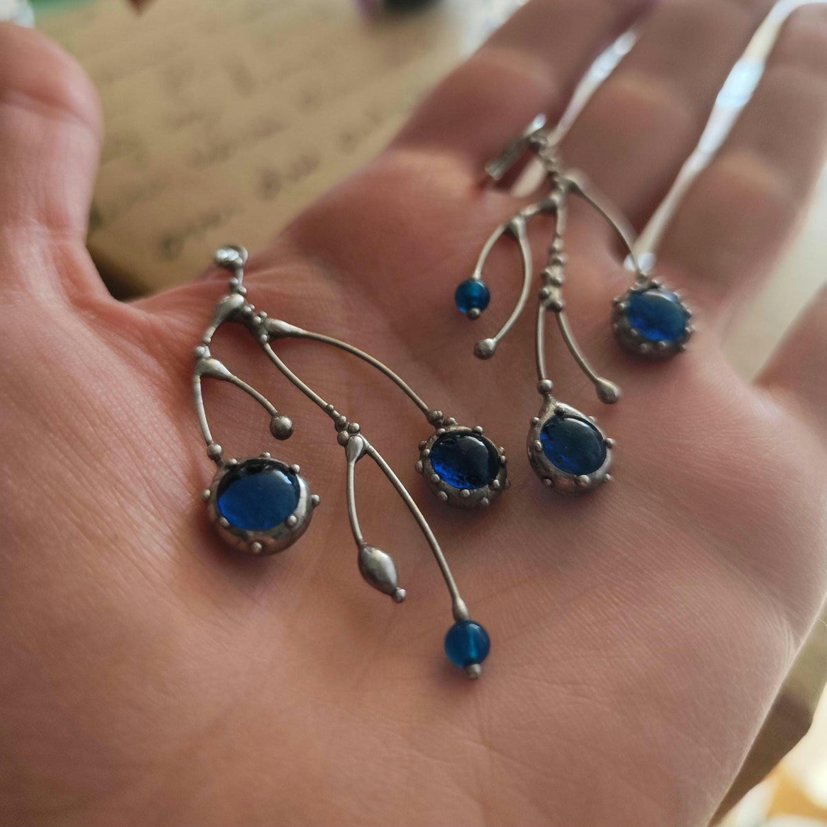 Cobalt Blue Glass Branch Earrings – Silver Tone