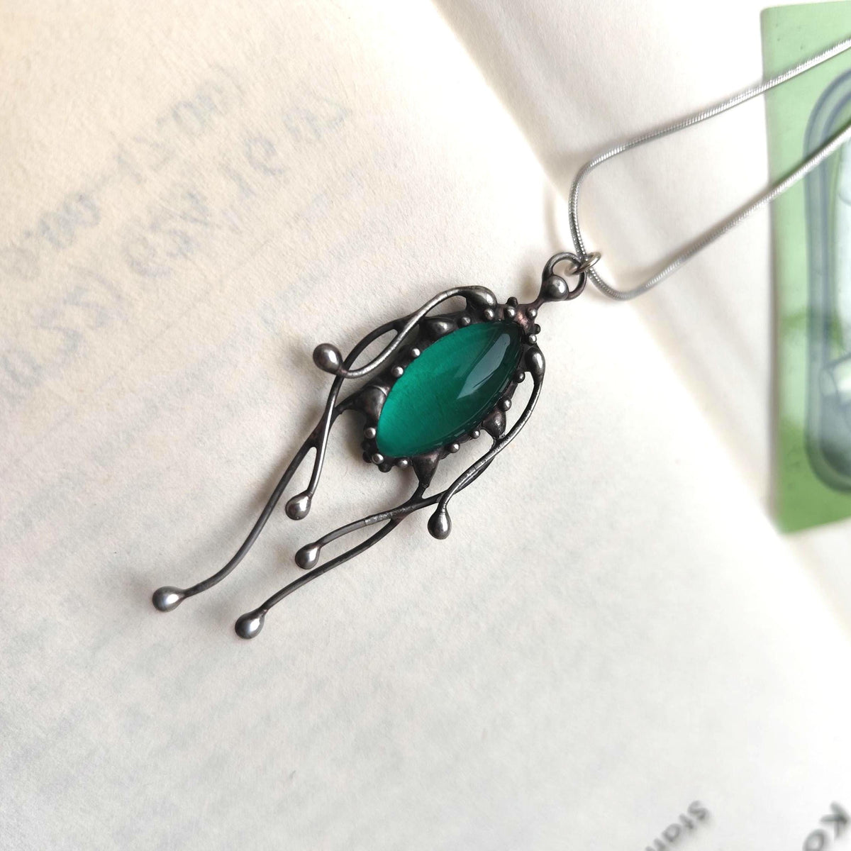 Green Stained Glass Jellyfish Pendant Necklace – Blackened Copper